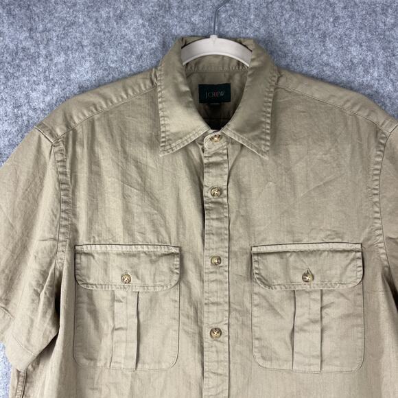 J Crew Oarsman Shirt Mens Medium Beige Button Up Cotton Twill Safari Outdoor NEW - Picture 2 of 14